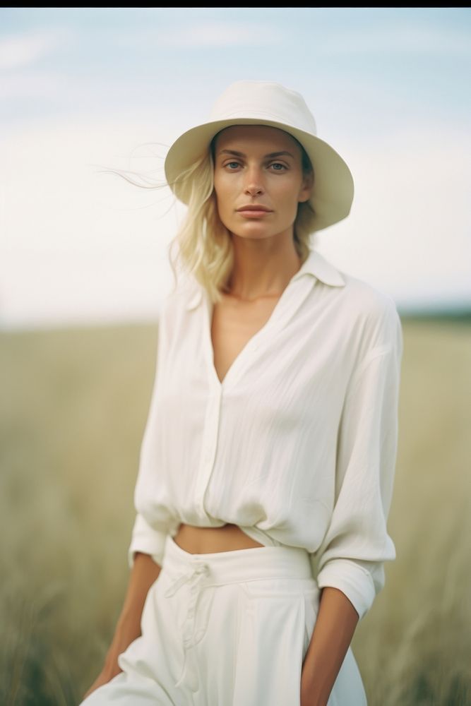 A mature woman wear white beachwear clothing apparel.