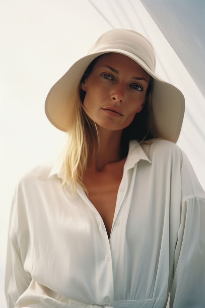 A mature woman wear white photography portrait beachwear.