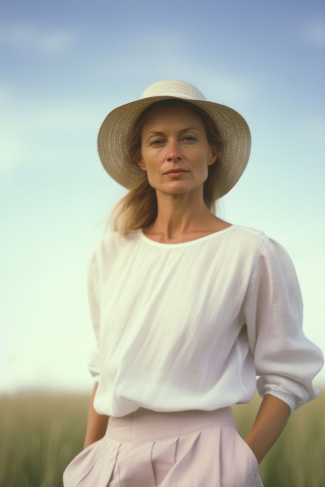 A mature woman wear white photography portrait beachwear.
