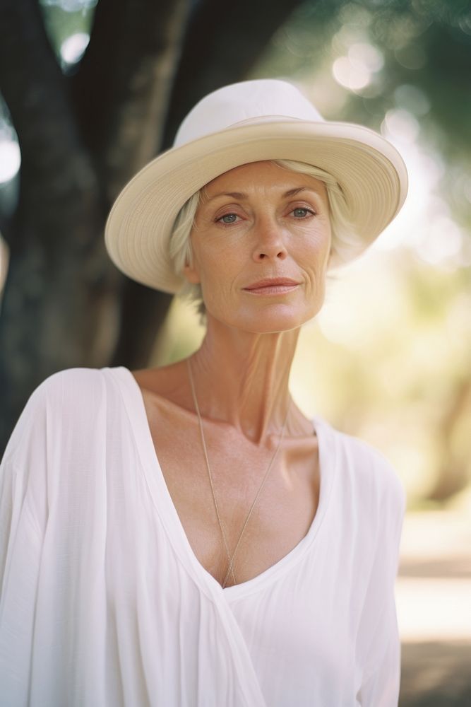 A mature woman wear white accessories accessory clothing.