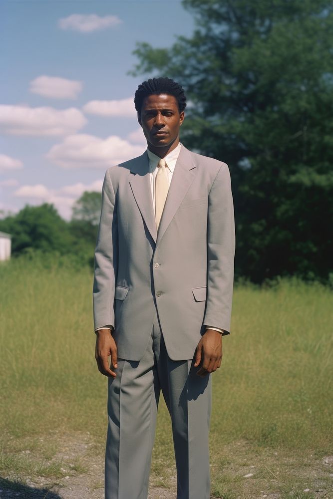 Full body portrait a mature affrican man suit clothing standing.