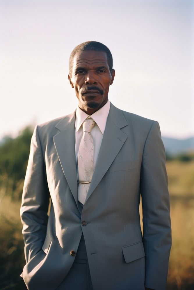 Full body portrait a mature affrican man photography suit accessories.