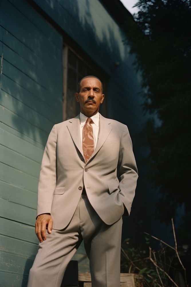 Full body portrait a mature affrican man suit clothing standing.