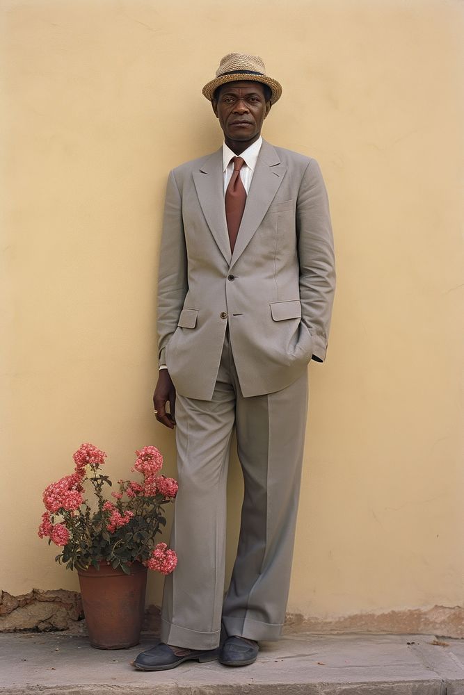 Full body portrait a mature affrican man photography suit accessories.