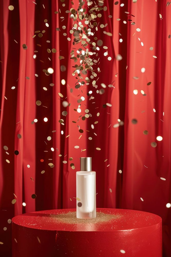 Perfume bottle mockup confetti cosmetics blossom.