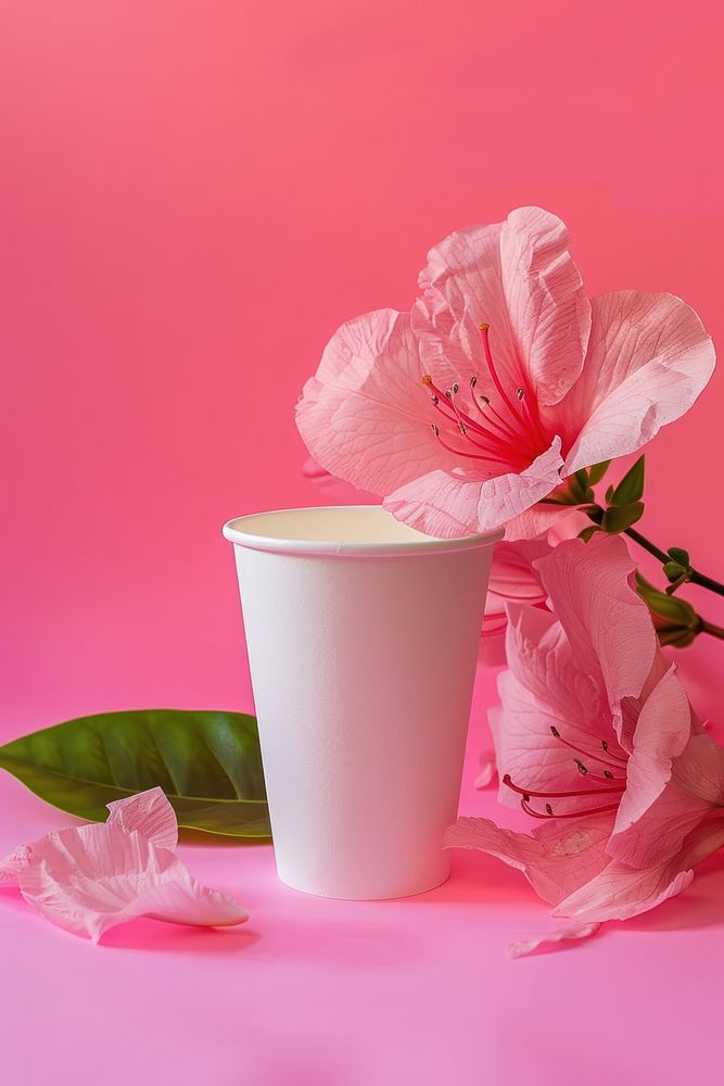 White paper cup mockup flower blossom petal.