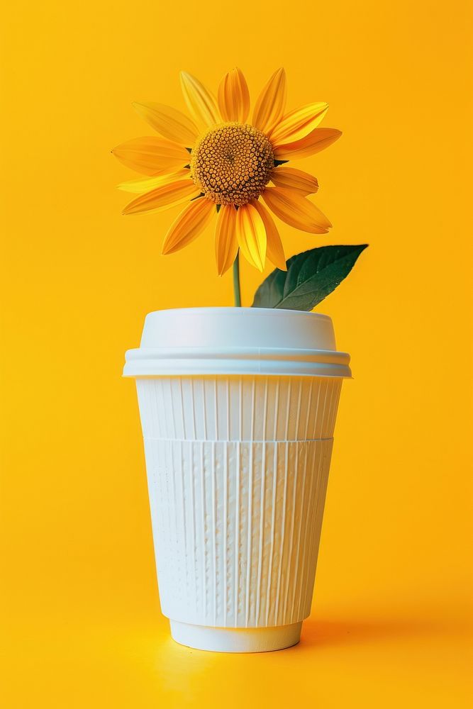 White paper cup mockup flower asteraceae sunflower.