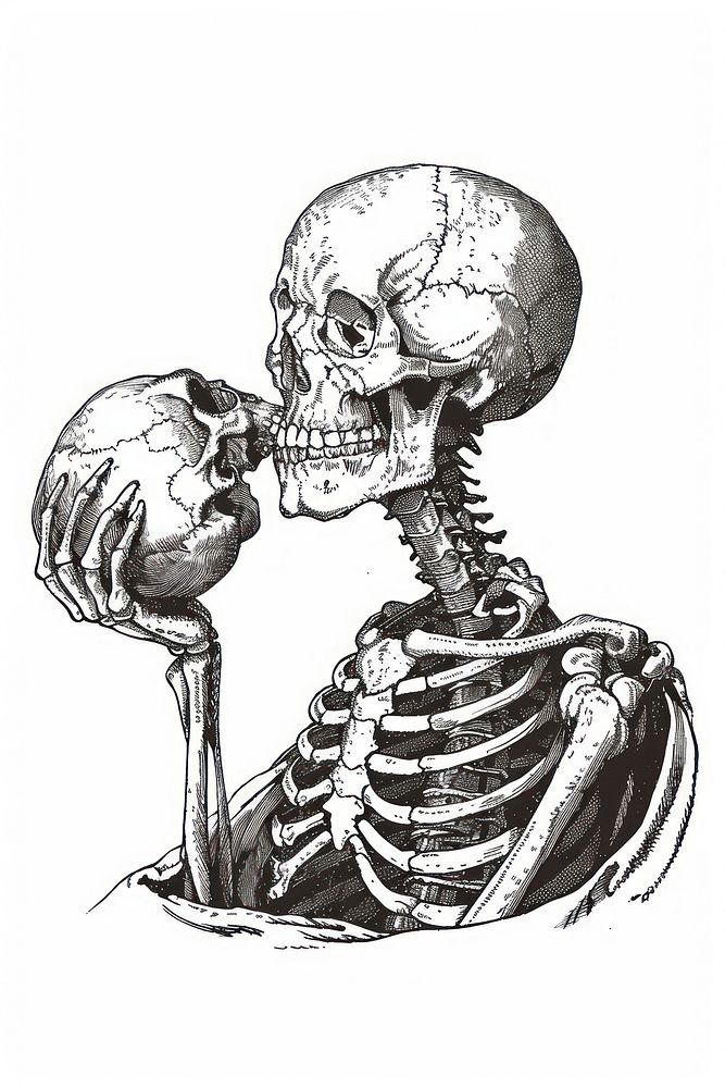Skeleton holding skull monochrome cartoon anatomy.