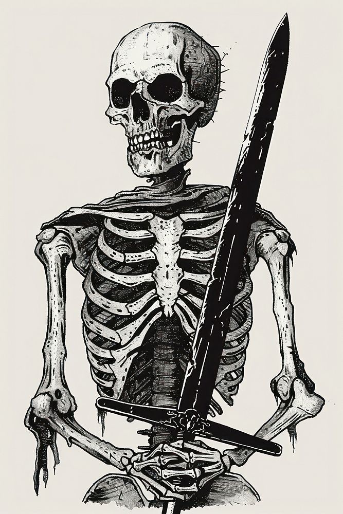 Skeleton holding sword monochrome cartoon history.
