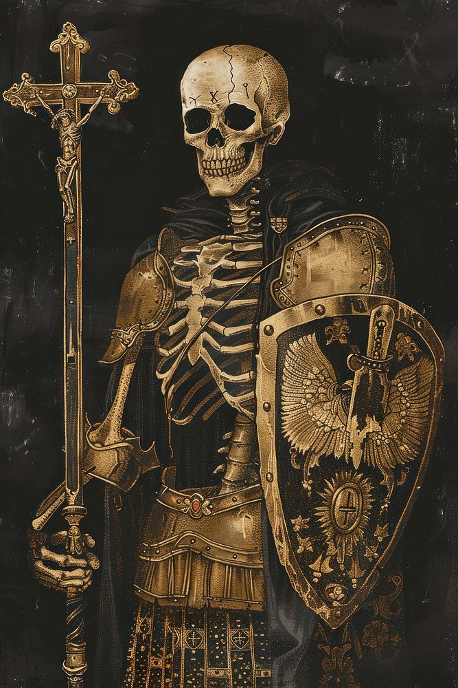 Skeleton in knight outfit cross representation spirituality.