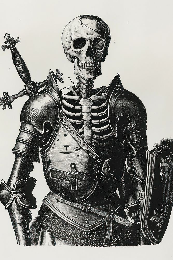 Skeleton in knight outfit representation monochrome sculpture.