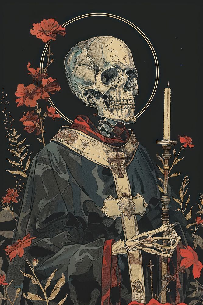 Skeleton in priest outfit painting art representation.