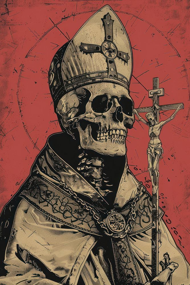 Skeleton in priest outfit cross art representation.