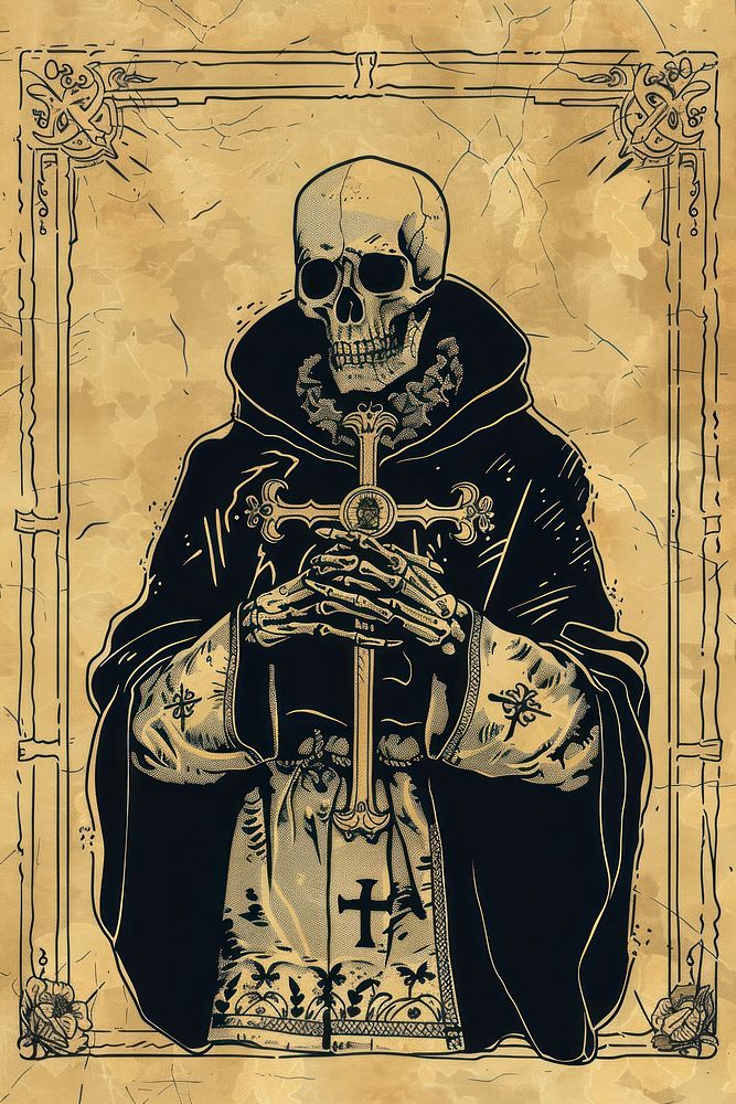 Skeleton in priest outfit cross representation spirituality.