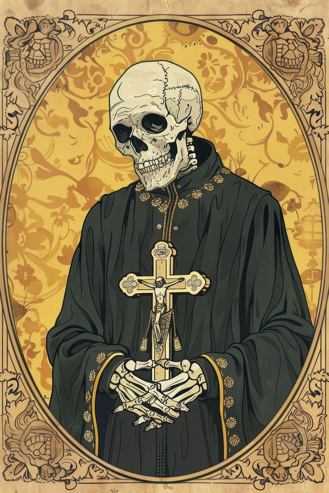 Skeleton in priest outfit cross art representation.