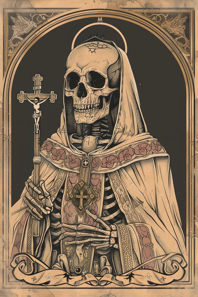 Skeleton in priest outfit architecture cross representation.