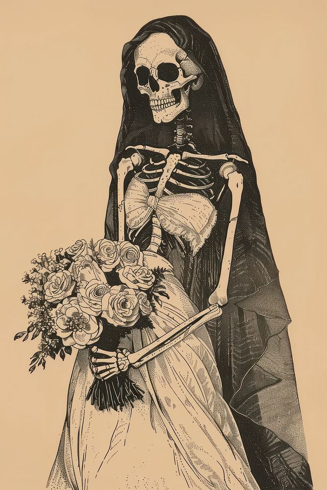 Skeleton in wedding dress drawing flower sketch.