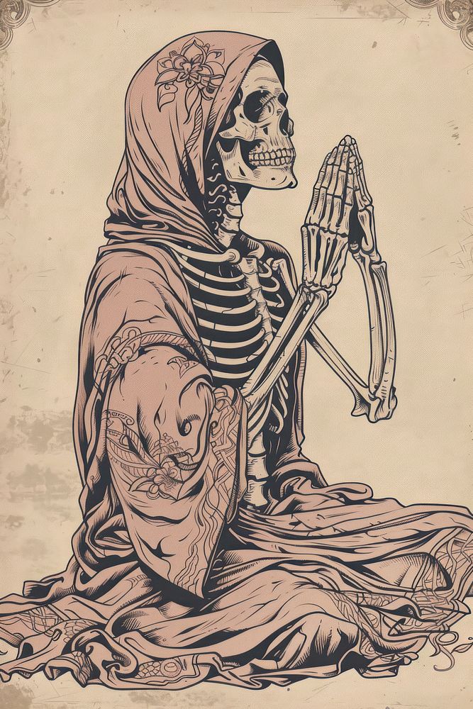 Skeleton praying drawing sketch art.