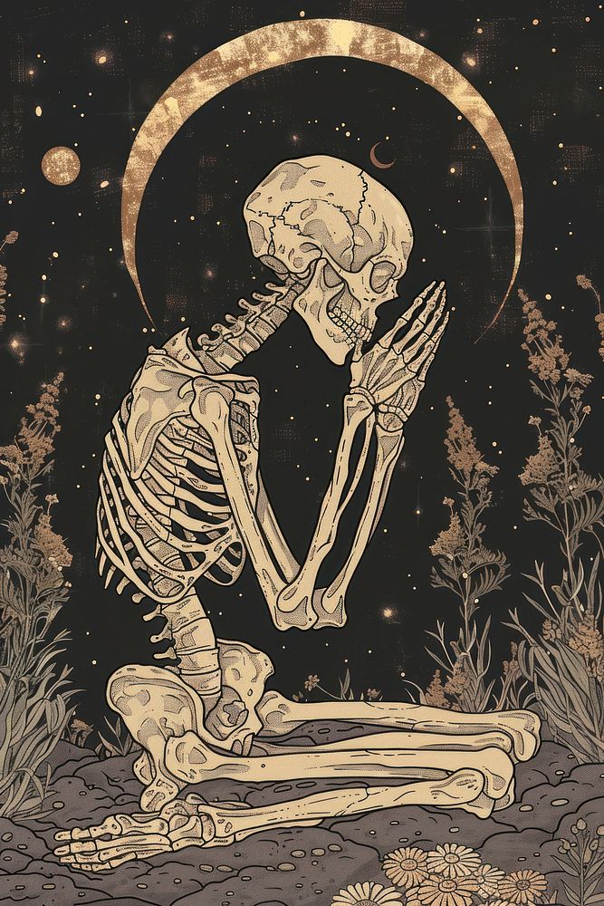 Skeleton praying representation spirituality creativity.