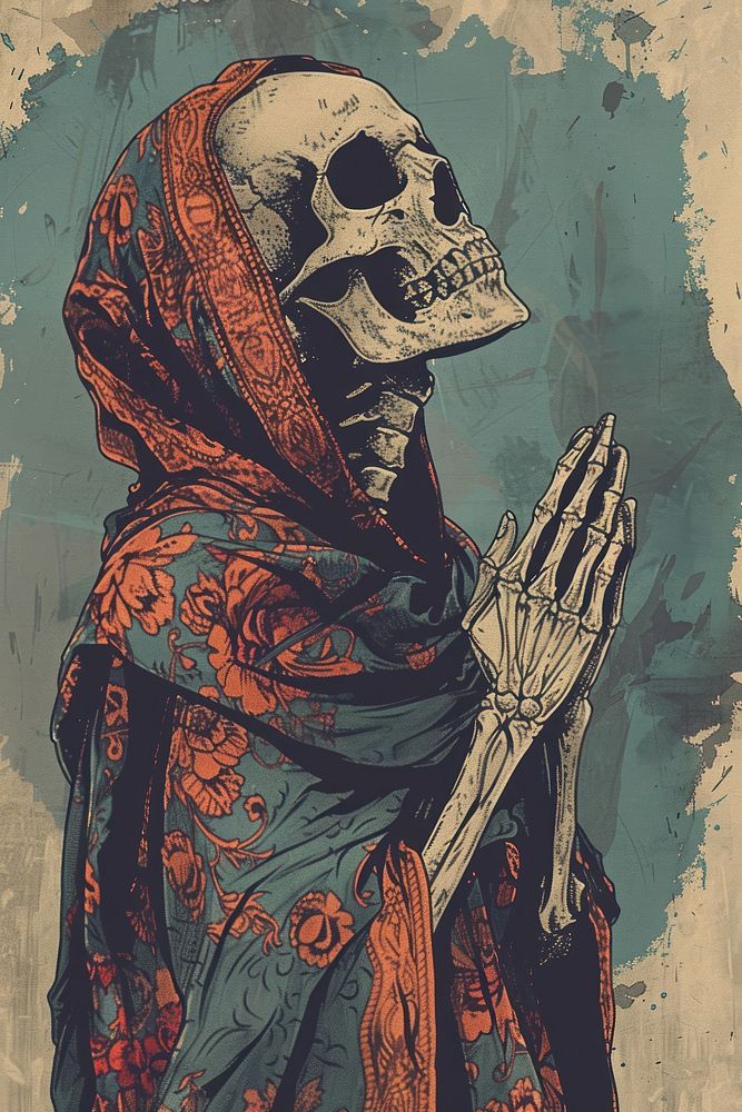Skeleton praying painting drawing sketch.
