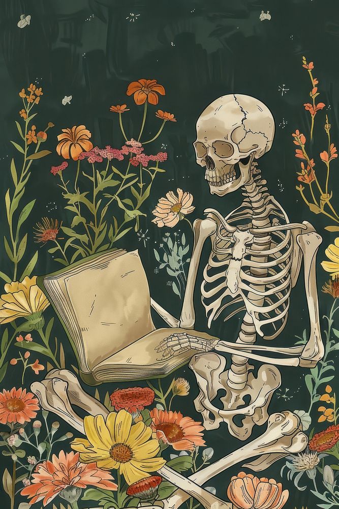 Skeleton reading book art representation creativity.