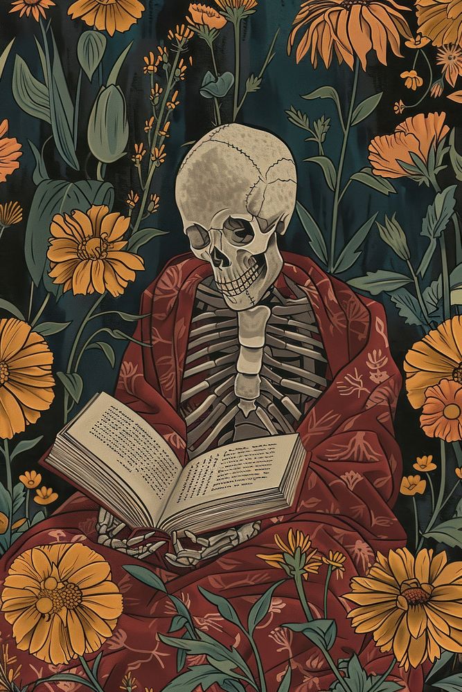 Skeleton reading book tapestry art representation.