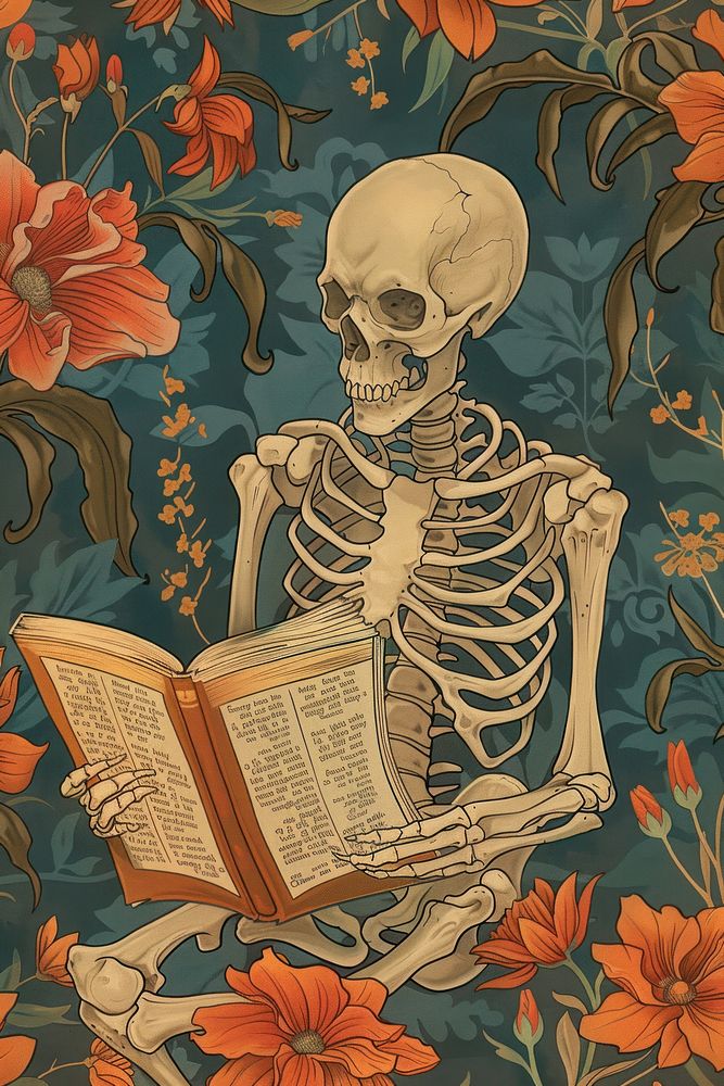 Skeleton reading book publication representation spirituality.