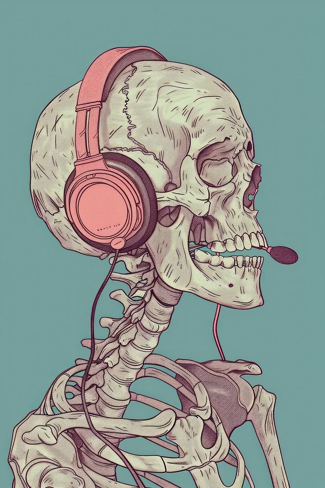 Skeleton wearing headphone headphones listening drawing.