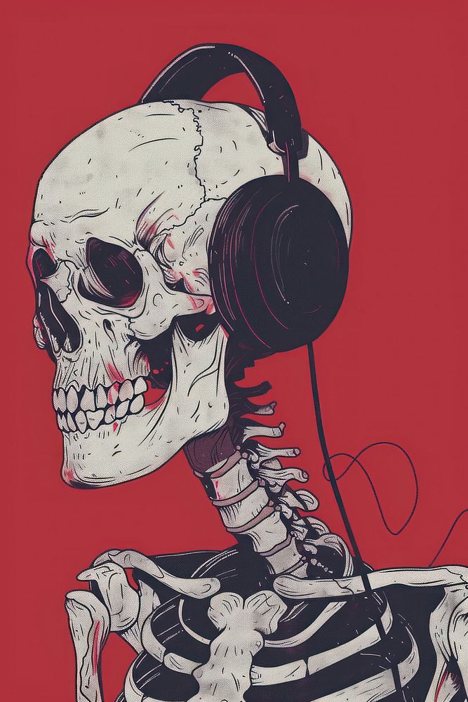Skeleton wearing headphone headphones listening drawing.