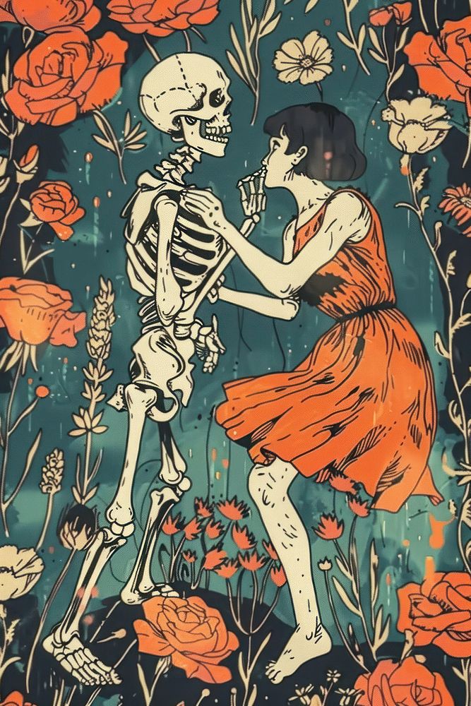 Person dance with skeleton plant adult art.