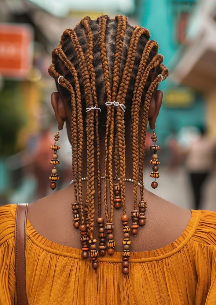 Woman short braids with beaded ends hairstyles necklace jewelry back.