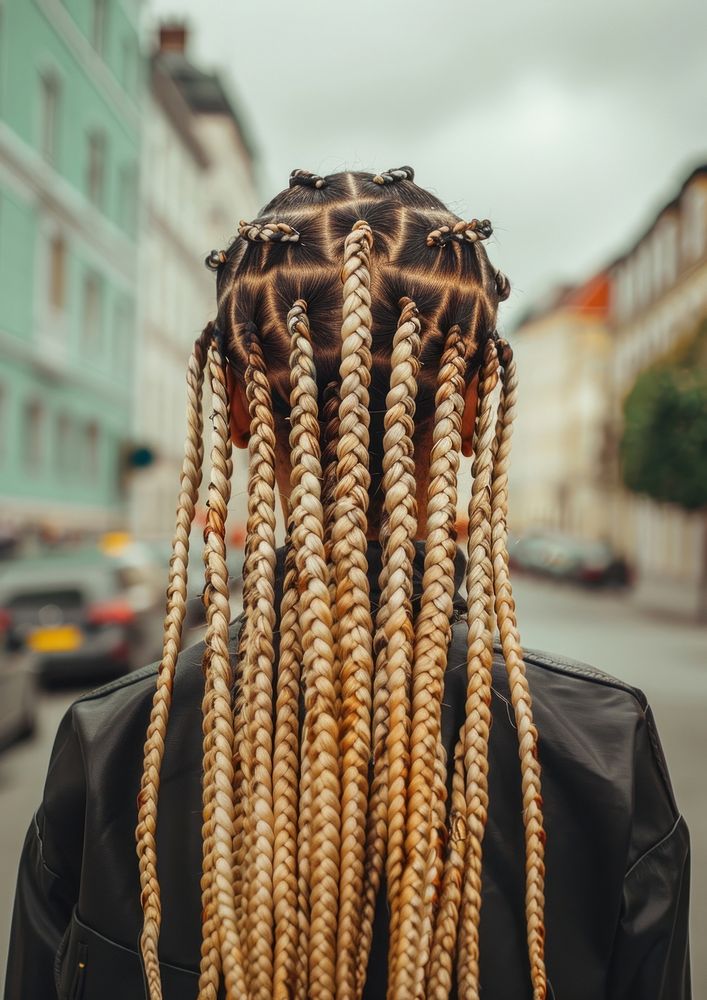 Woman two-toned black with blonde box braids hairstyles street adult transportation.