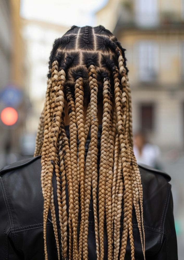 Woman two-toned black with blonde box braids hairstyles architecture dreadlocks headshot.