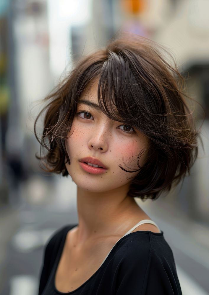 Japanese woman brownfine curved bob hairstyles individuality contemplation architecture.