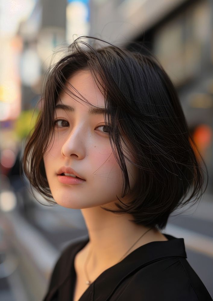 Japanese woman brownfine curved bob hairstyles portrait adult photo.