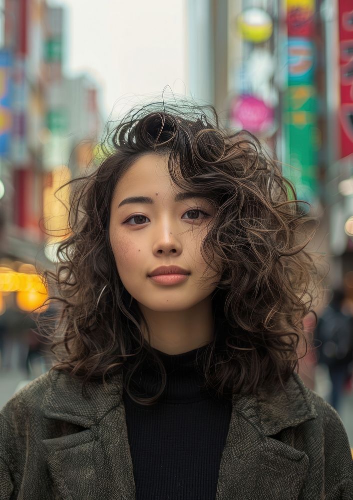 Japanese woman brownheavy curly ends hairstyles street adult individuality.