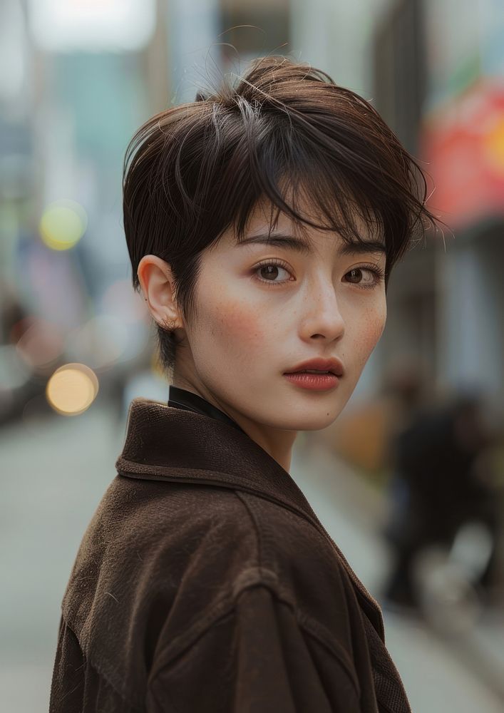 Japanese woman brownsoft pixie hairstyles street contemplation individuality.