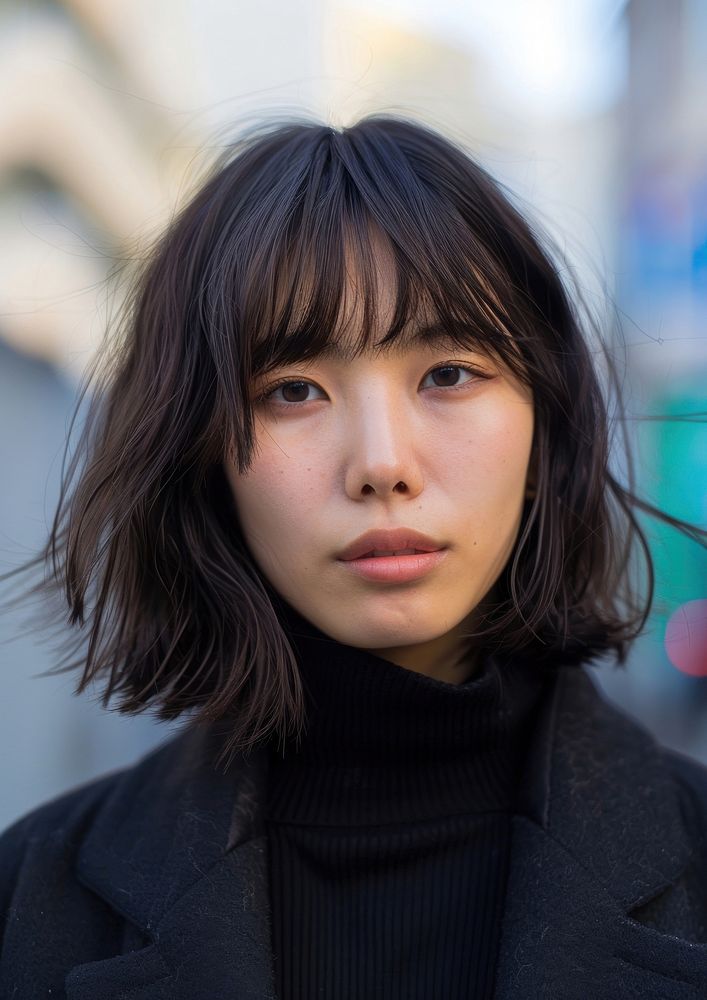 Japanese woman brownthick parted bangs hairstyles portrait street photo.