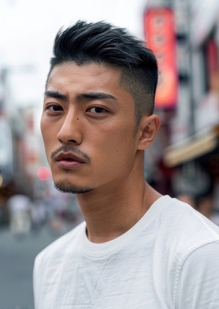 Japanese man crew cut hairstyles street adult individuality.