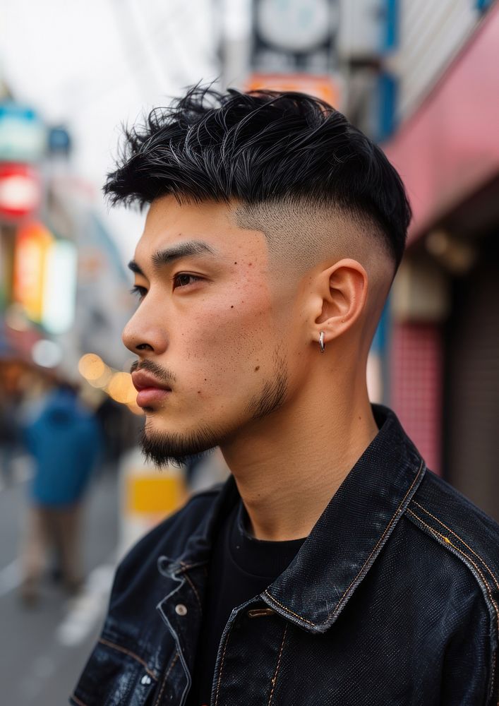 Japanese man crew cut hairstyles street adult individuality.