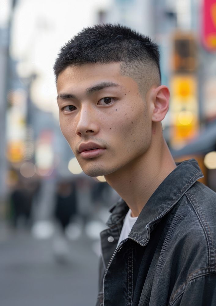 Japanese man crew cut hairstyles individuality contemplation architecture.