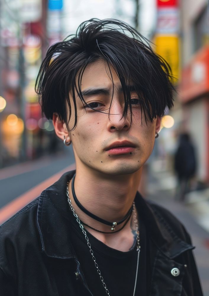 Japanese man edgy asian hairstyles necklace street adult.