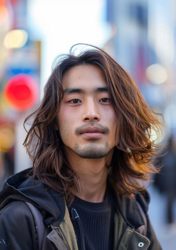 Japanese man long hair hairstyles portrait jacket street.