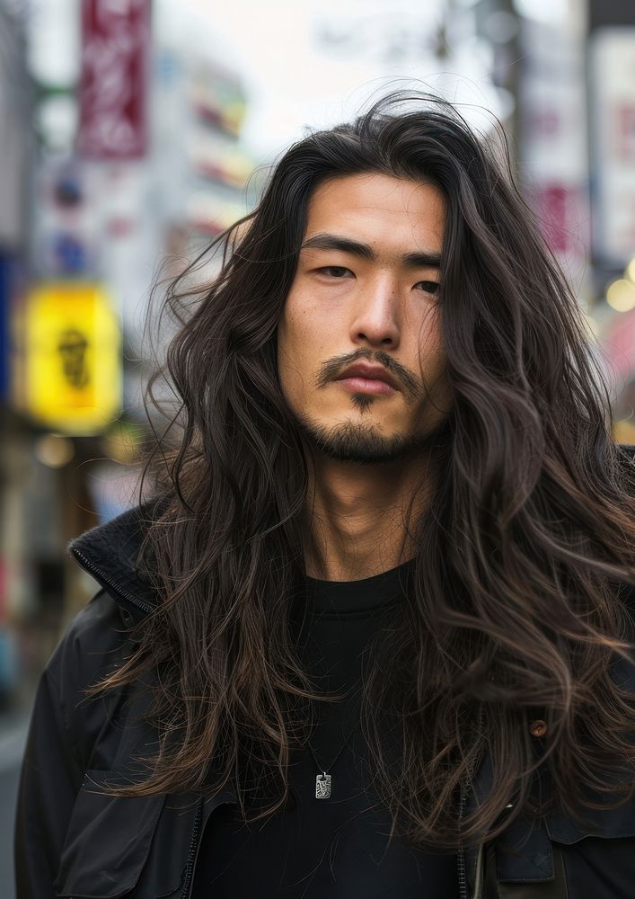 Japanese man long hair hairstyles street adult individuality.