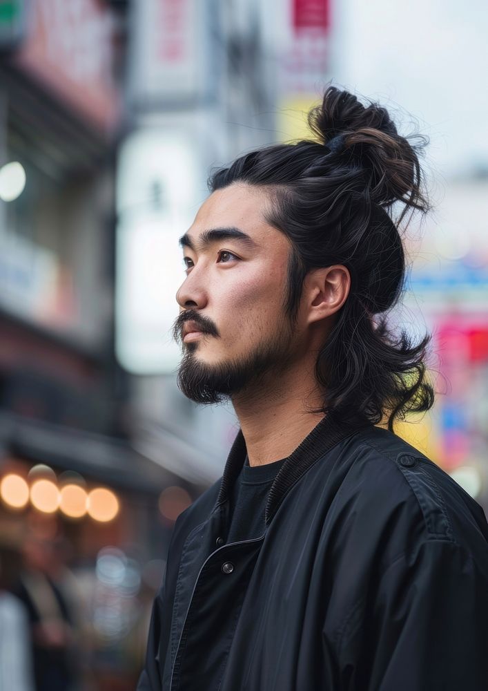 Japanese man man bun with shaves sides hairstyles adult individuality contemplation.