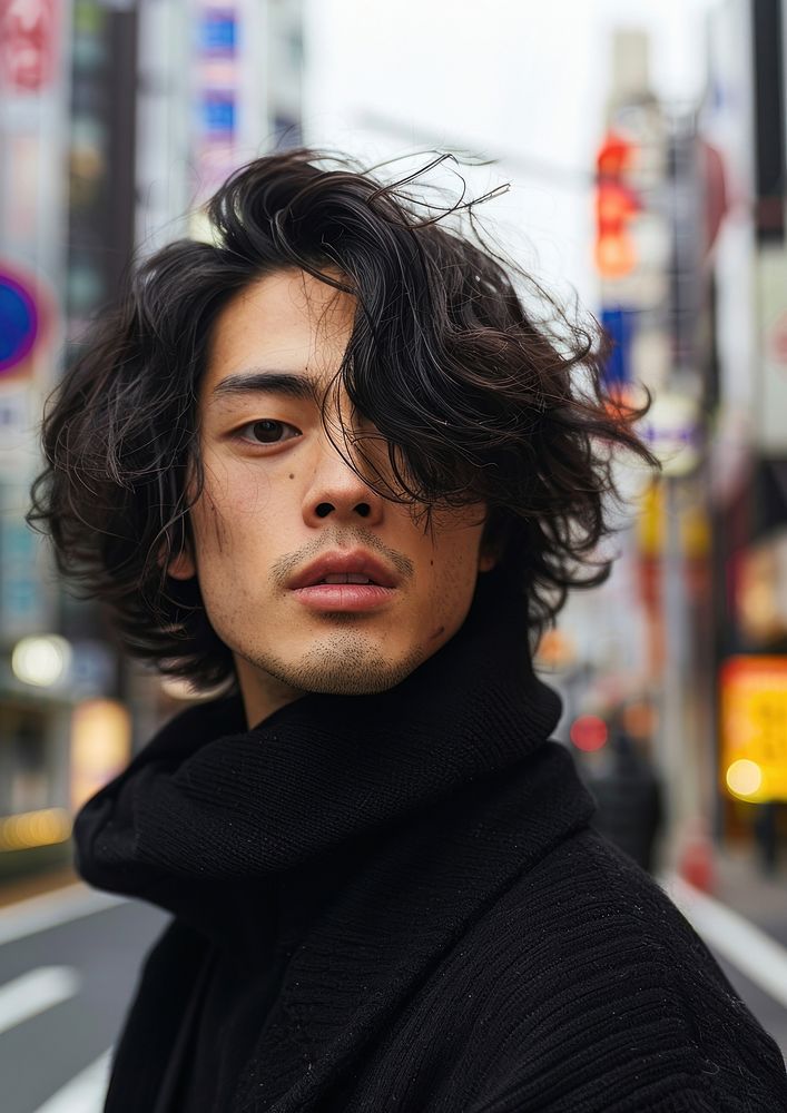 Japanese man wavy bob with temple undercut hairstyles portrait adult photo.