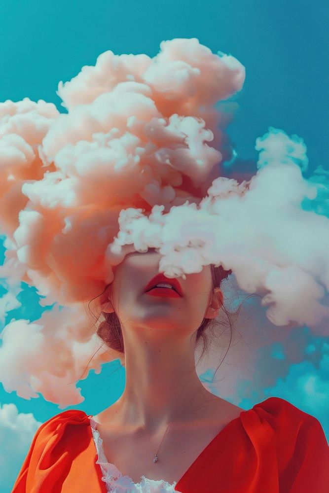 Woman with cloud head portrait outdoors nature.