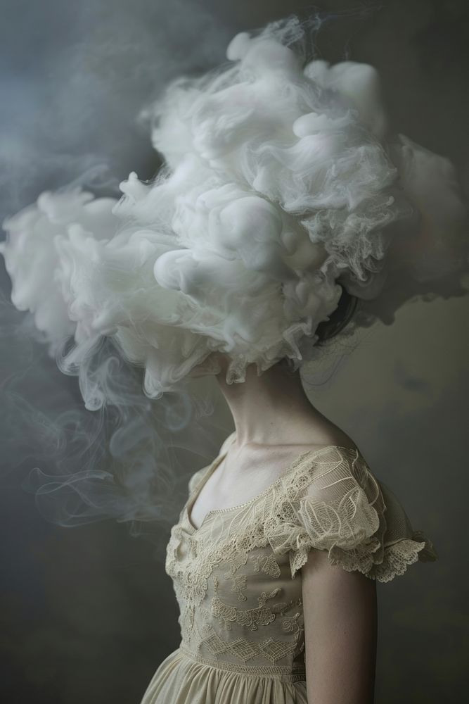 Woman with cloud head smoke hairstyle ethereal.