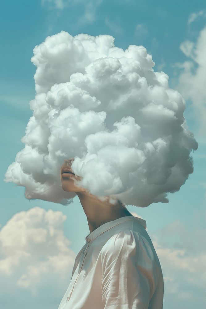 Woman with cloud head outdoors nature sky.