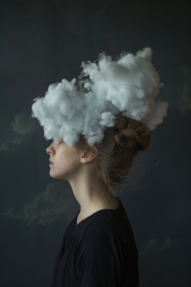Woman with cloud head portrait smoke photo.